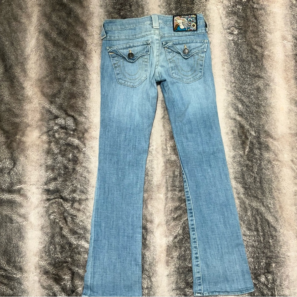 Blue Flare Wide Leg Jeans with Washed Look - Picture 5 of 6